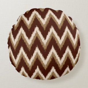 Ikat Chevron Stripes - Chocolate Brown & Beige Round Cushion