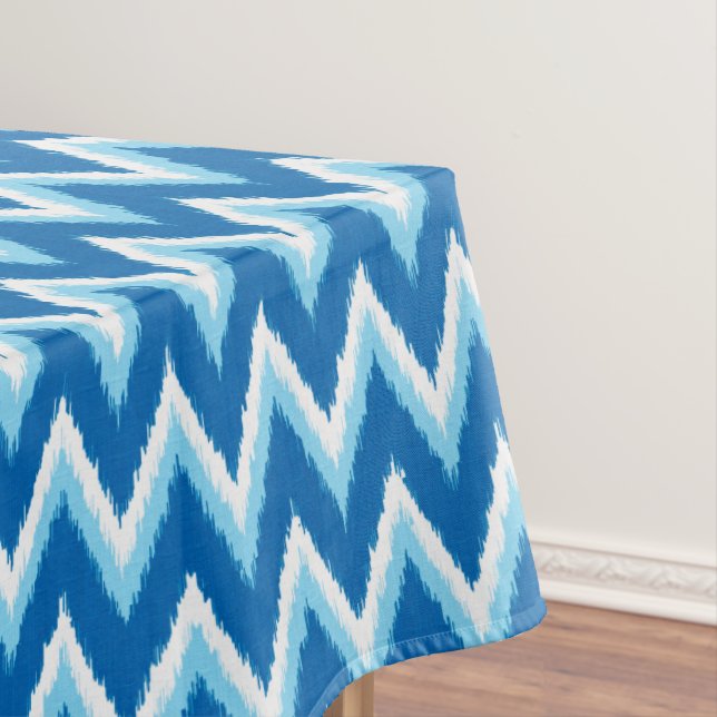 Ikat Chevron Stripes - Cobalt, Sky Blue and White Tablecloth (In Situ)