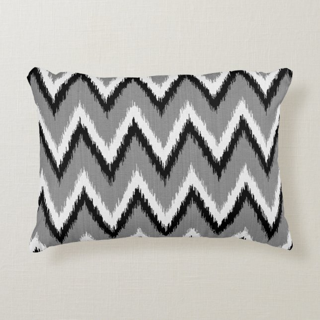 Ikat Chevron Stripes - Grey / Grey, Black & White Decorative Cushion (Front)