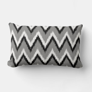 Ikat Chevron Stripes - Grey / Grey, Black & White Lumbar Cushion