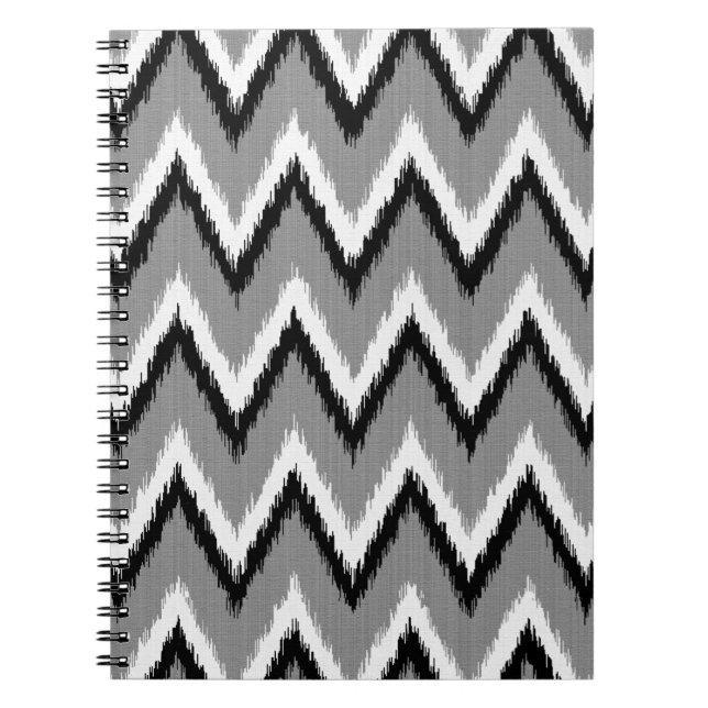 Ikat Chevron Stripes - Grey / Grey, Black & White Notebook (Front)