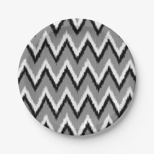 Ikat Chevron Stripes - Grey / Grey, Black & White Paper Plate