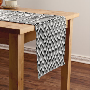 Ikat Chevron Stripes - Grey / Grey, Black & White Short Table Runner