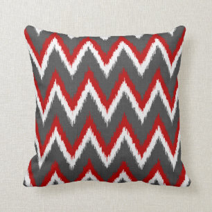 Ikat Chevron Stripes - Red, White and Grey / Grey Cushion