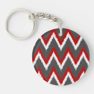 Ikat Chevron Stripes - Red, White and Grey / Grey  Key Ring