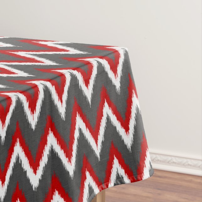 Ikat Chevron Stripes - Red, White and Grey / Grey Tablecloth (In Situ)