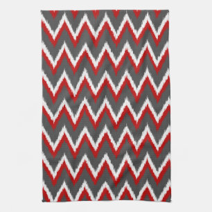 Ikat Chevron Stripes - Red, White and Grey / Grey Tea Towel