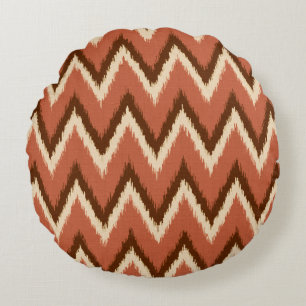 Ikat Chevron Stripes - Rust, Brown and Beige Round Cushion