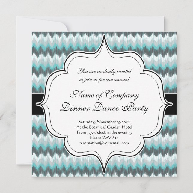 Ikat Chevron Zig Zags Green Grey Elegant Tribal Invitation (Front)