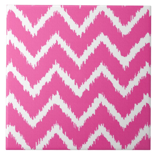 Ikat Chevrons - Deep fuchsia pink and white Ceramic Tile (Front)