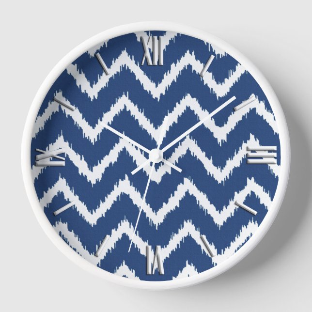 Ikat Chevrons - Navy blue and white Wall Clock (Front)