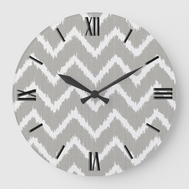 Ikat Chevrons - Silver grey and white Large Clock (Front)