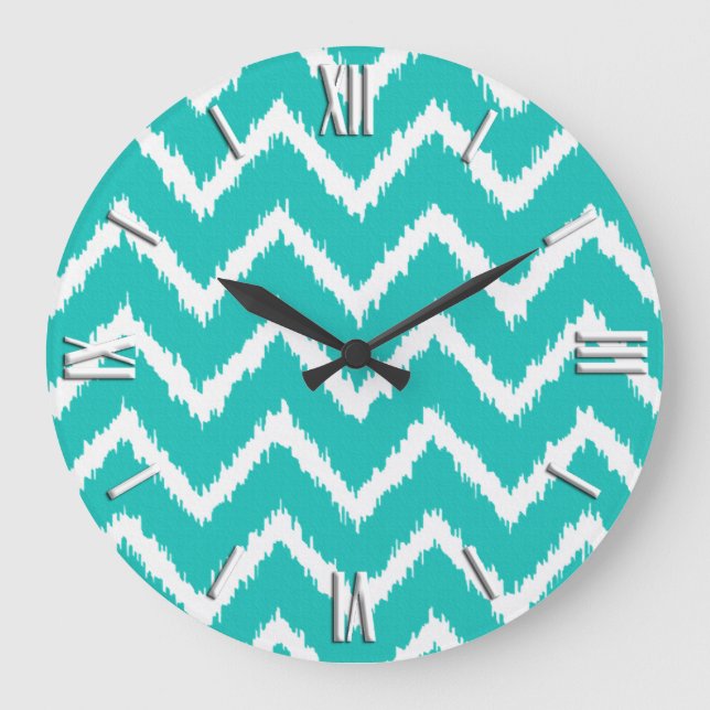 Ikat Chevrons - Turquoise and white Large Clock (Front)
