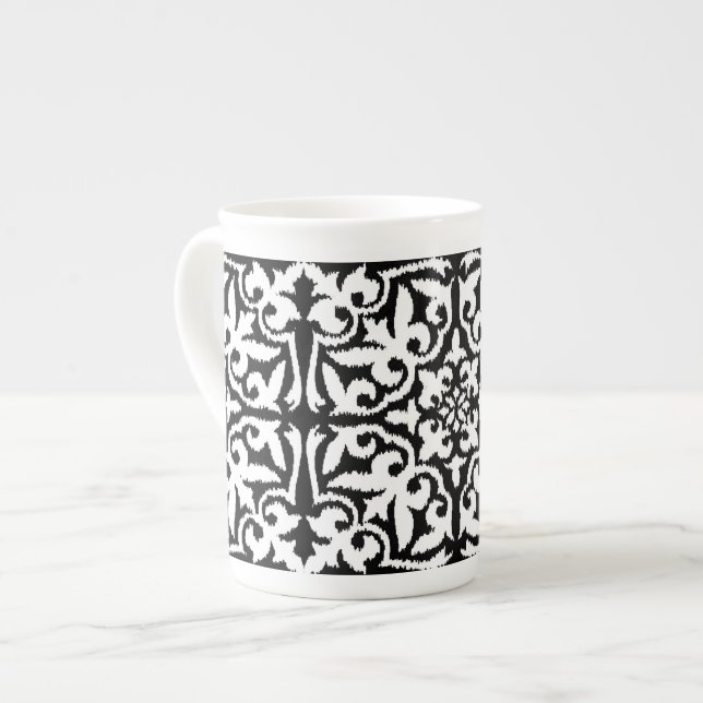 Ikat damask pattern - Black and White Bone China Mug (Front Left)