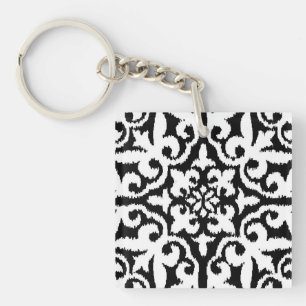 Ikat damask pattern - Black and White Key Ring