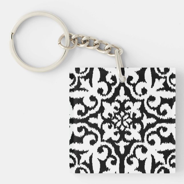 Ikat damask pattern - Black and White Key Ring (Front)