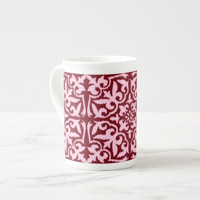 Ikat damask pattern - Burgundy and Pink Bone China Mug (Front Left)