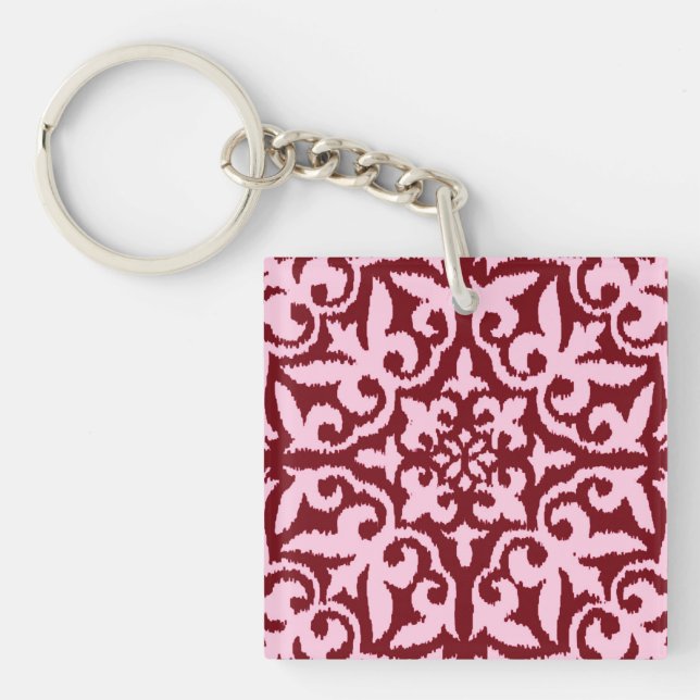 Ikat damask pattern - Burgundy and Pink Key Ring (Front)