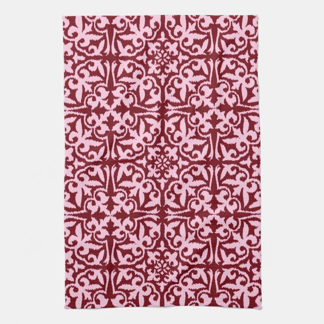 Ikat damask pattern - Burgundy and Pink Tea Towel (Vertical)