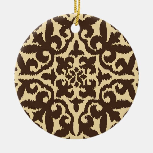 Ikat damask pattern - Chocolate Brown and Tan Ceramic Ornament (Front)