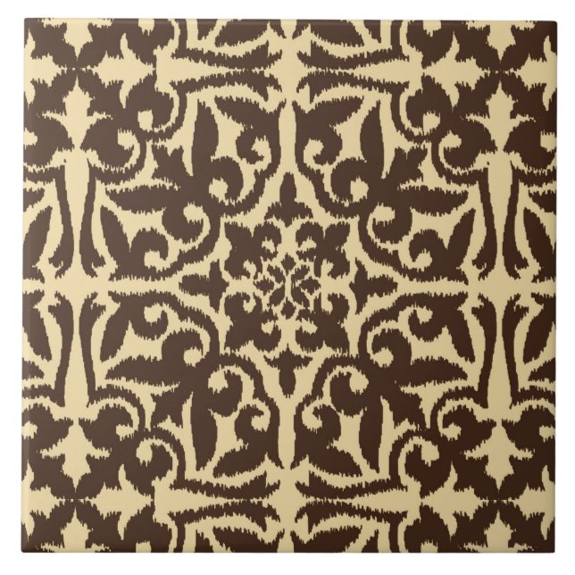 Ikat damask pattern - Chocolate Brown and Tan Ceramic Tile (Front)