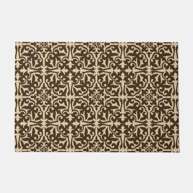 Ikat Damask Pattern, Chocolate Brown and Tan Doormat (Front)