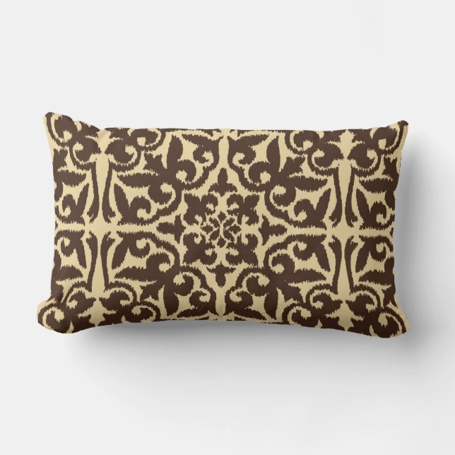 Ikat damask pattern - Chocolate Brown and Tan Lumbar Cushion (Front)