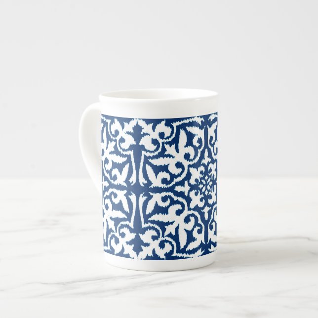 Ikat damask pattern - Cobalt Blue and White Bone China Mug (Front Left)