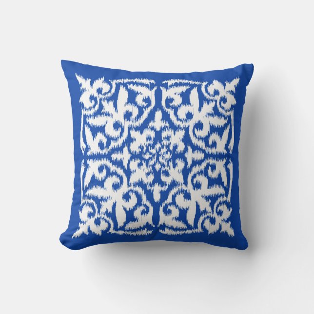 Ikat damask pattern - cobalt blue and white cushion (Front)