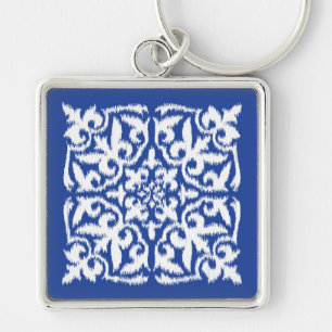 Ikat damask pattern - cobalt blue and white key ring