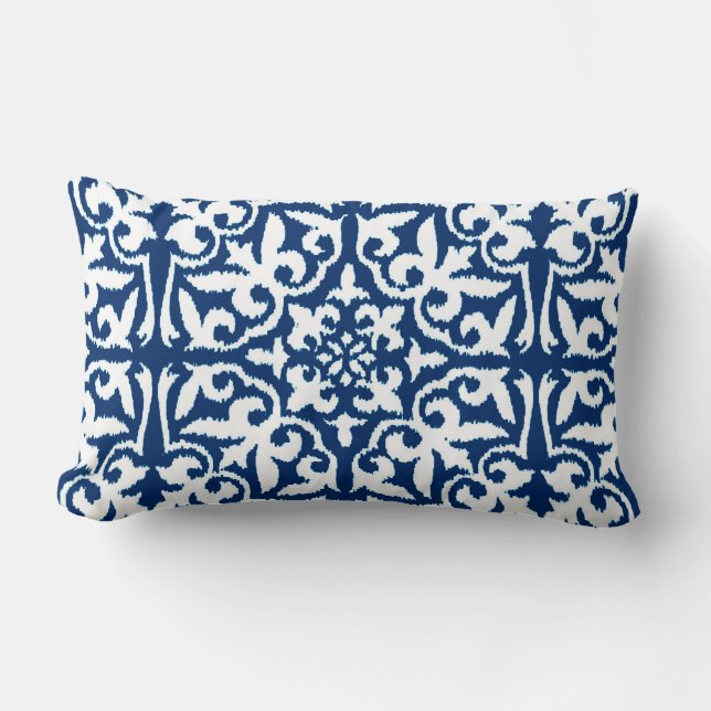 Ikat damask pattern - Cobalt Blue and White Lumbar Cushion (Front)
