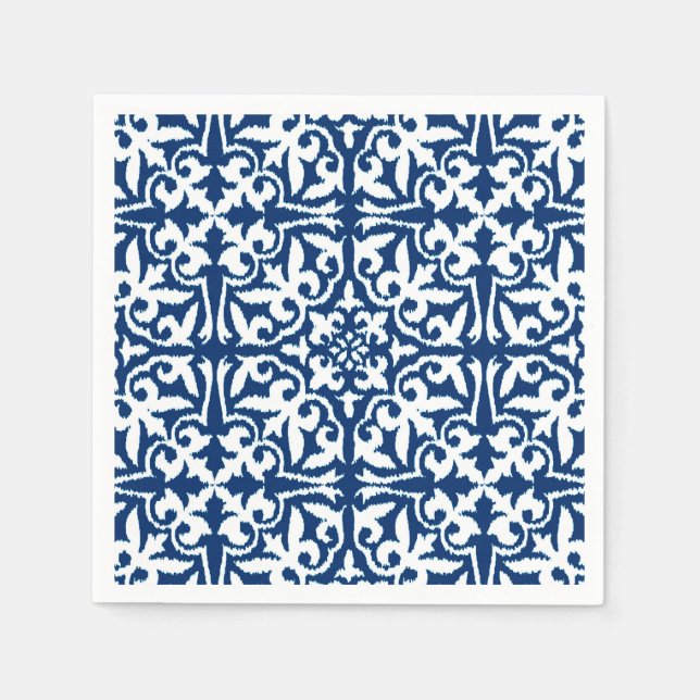 Ikat damask pattern - Cobalt Blue and White Napkin (Front)