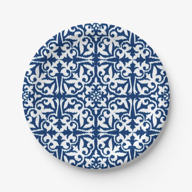 Ikat damask pattern - Cobalt Blue and White Paper Plate (Front)