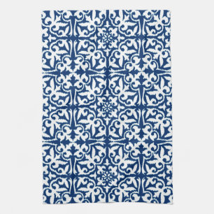 Ikat damask pattern - Cobalt Blue and White Tea Towel