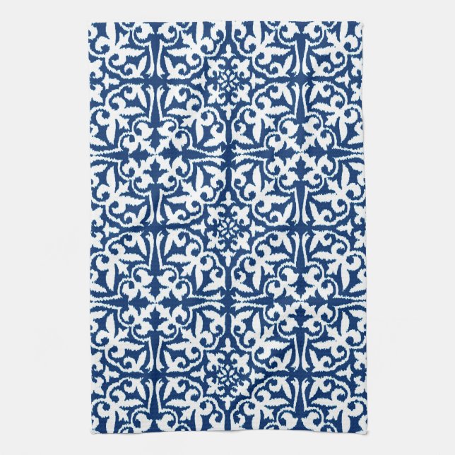 Ikat damask pattern - Cobalt Blue and White Tea Towel (Vertical)