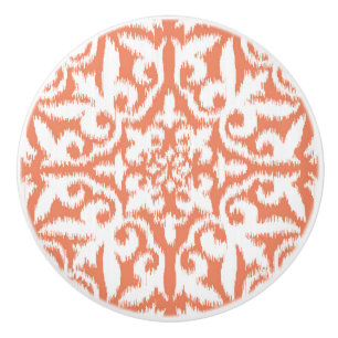 Ikat damask pattern - coral orange and white ceramic knob
