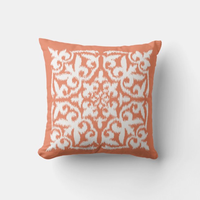 Ikat damask pattern - coral orange and white cushion (Front)