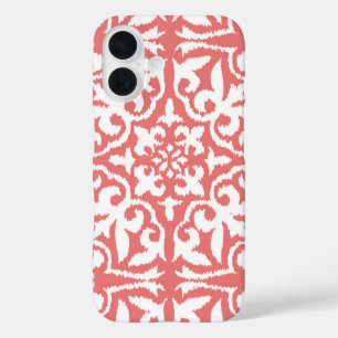 Ikat damask pattern - Coral Pink and White iPhone 16 Case