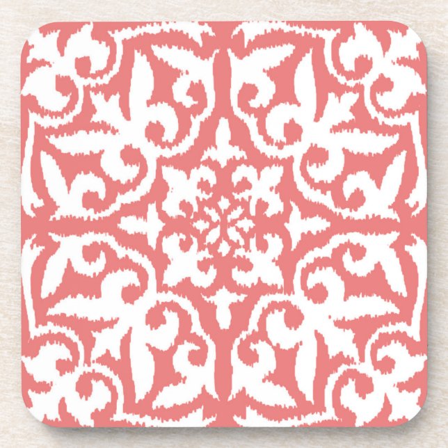 Ikat damask pattern - Coral Pink and White Coaster (Front)