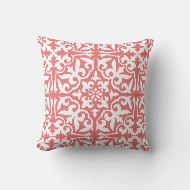 Ikat damask pattern - Coral Pink and White Cushion (Front)