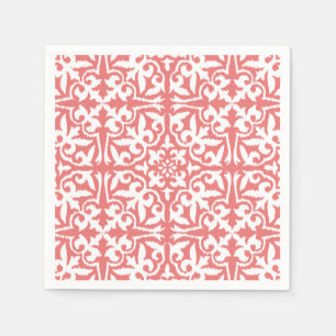 Ikat damask pattern - Coral Pink and White Napkin