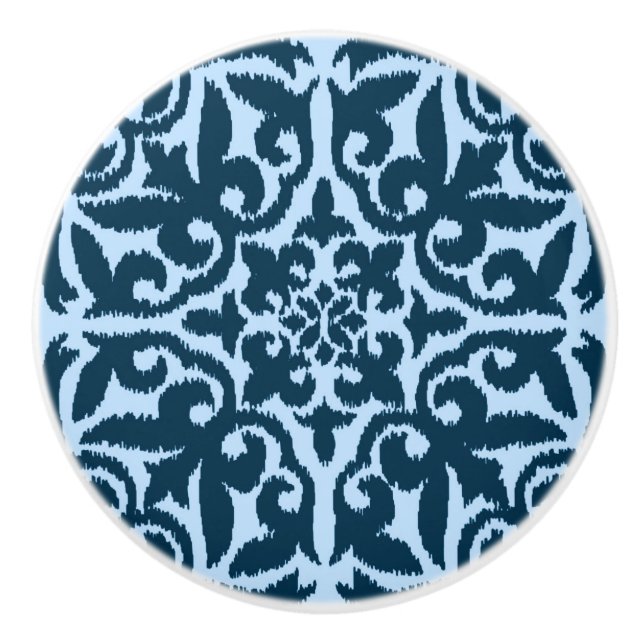Ikat damask pattern - Dark Indigo and Light Blue Ceramic Knob (Front)
