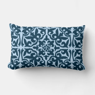 Ikat damask pattern - Dark Indigo and Light Blue Lumbar Cushion