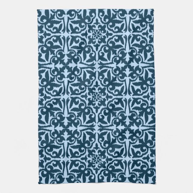 Ikat damask pattern - Dark Indigo and Light Blue Tea Towel (Vertical)