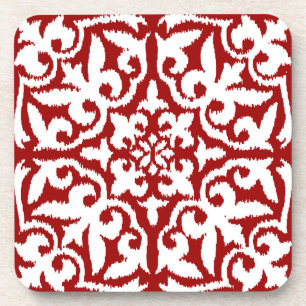 Ikat damask pattern - Dark Red and White Coaster