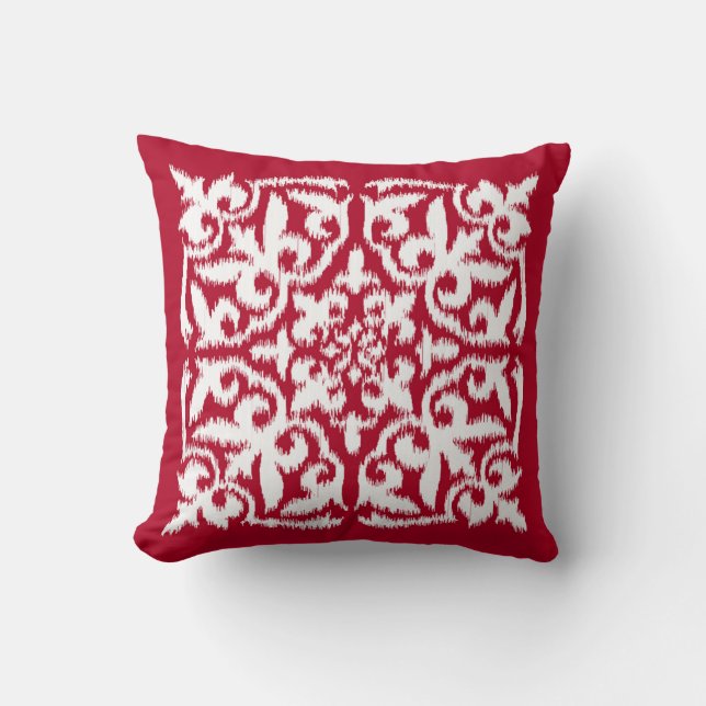 Ikat damask pattern - dark red and white cushion (Front)
