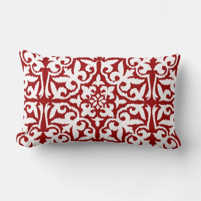 Ikat damask pattern - Dark Red and White Lumbar Cushion (Front)