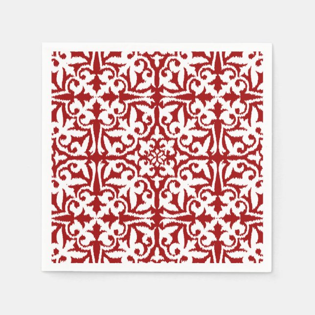 Ikat damask pattern - Dark Red and White Napkin (Front)