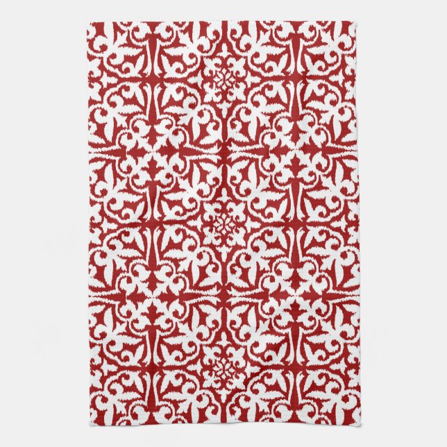Ikat damask pattern - Dark Red and White Tea Towel (Vertical)