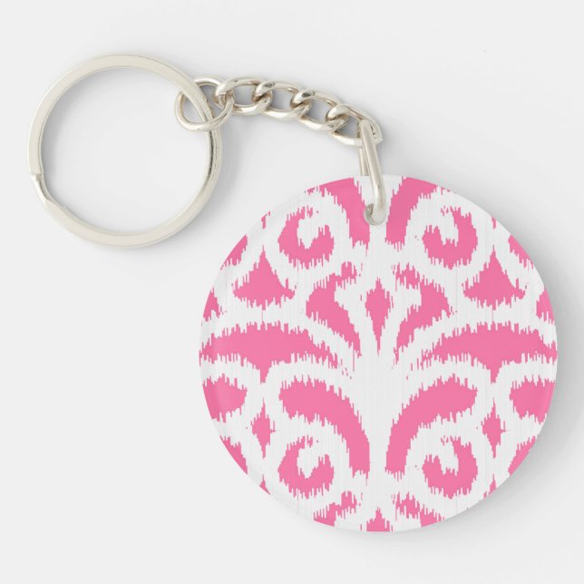 Ikat damask pattern - Fluorescent Pink Key Ring (Front)